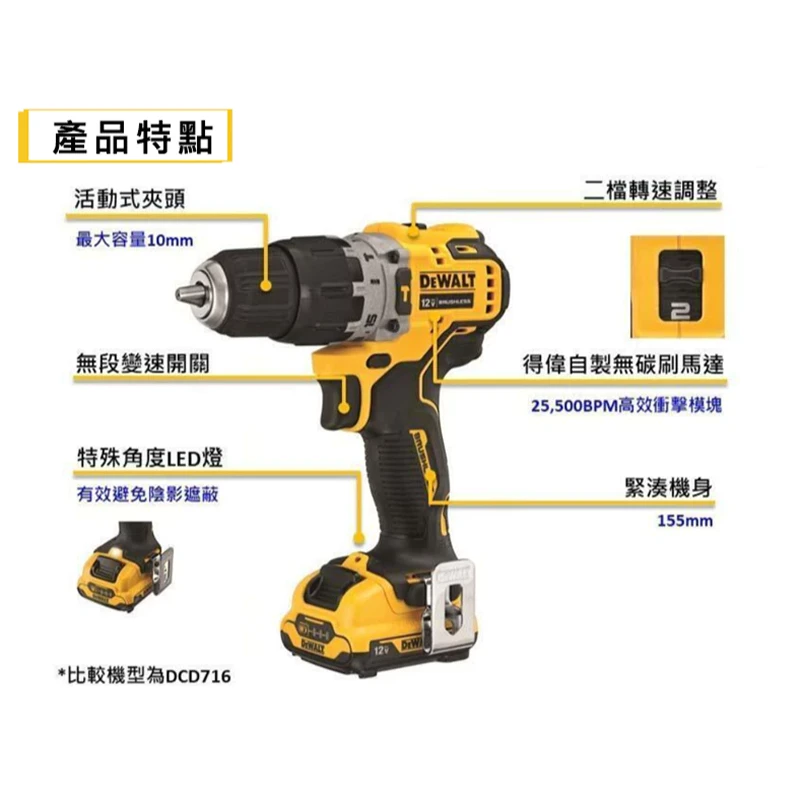 【商品範例】 DEWALT得偉 原廠公司貨 12V無碳刷震動電鑽調扭起子機 震動電鑽 夾頭電鑽