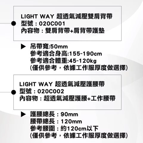 LIGHT WAY 錸崴 含稅 超透氣減壓雙肩背帶+護腰組 020C001 020C002 020C003