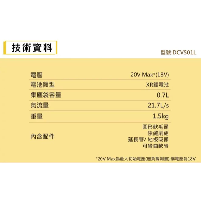 DEWALT得偉 原廠公司貨(含稅) 20VMax手提式吸塵器 DCV501LN