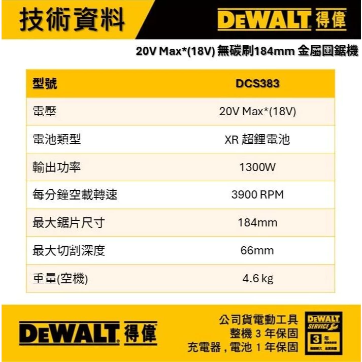 DEWALT 得偉 含稅 保固3年 原廠公司貨 20V Max 184mm 無刷金屬圓鋸機 DCS383N
