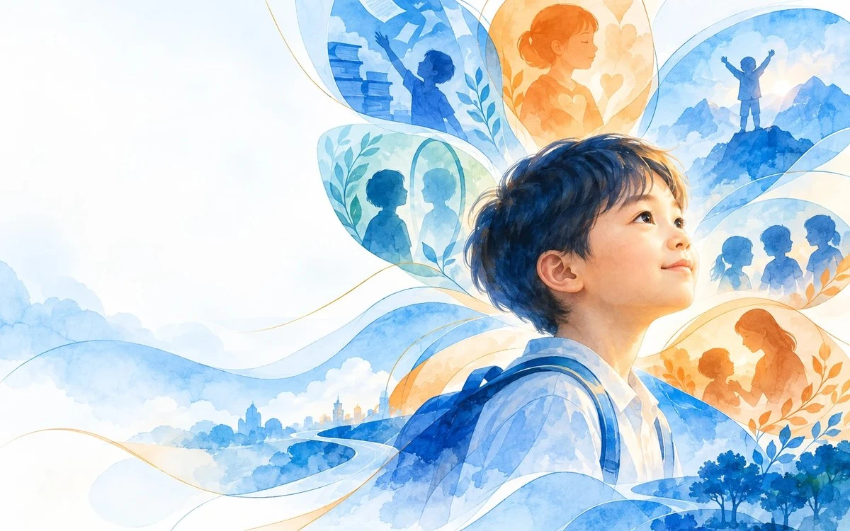 國小男孩仰望遠方的水彩插畫，身後是學習、朋友與家人的剪影